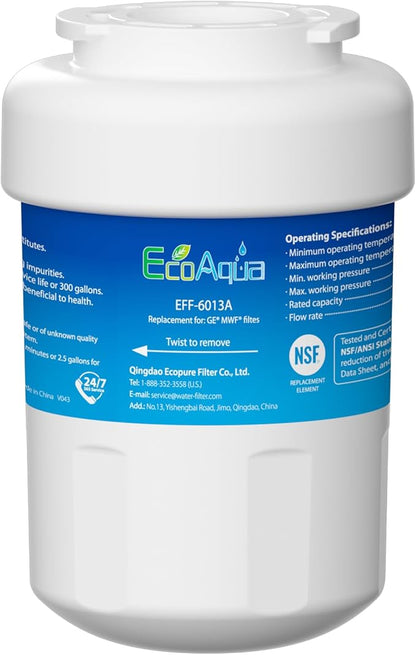 EcoAqua EFF-6013A Replacement Filter, Compatible with GE MWF SmartWater, MWFA, MWFP, GWF, GWFA, 46-9991, HDX FMG-1, WFC1201, GSE25GSHECSS, PC75009, RWF1060 Refrigerator Water Filter, 1 Pack | Replacement for SmartWater®, MWFA, MWFP, GWF, GWFA, 46-9991,...