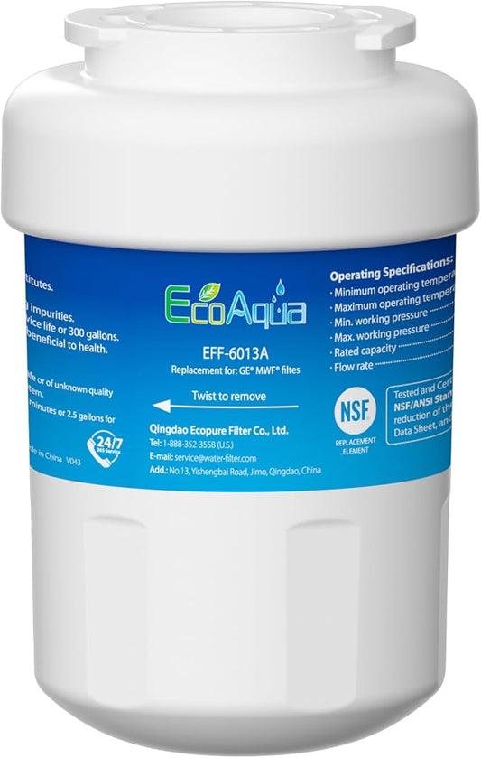 EcoAqua EFF-6013A Replacement Filter, Compatible with GE MWF SmartWater, MWFA, MWFP, GWF, GWFA, 46-9991, HDX FMG-1, WFC1201, GSE25GSHECSS, PC75009, RWF1060 Refrigerator Water Filter, 1 Pack | Replacement for SmartWater®, MWFA, MWFP, GWF, GWFA, 46-9991,...
