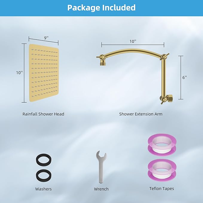 Hibbent All Metal cUPC Certified Rain Shower Head, 10'' High Pressure Rainfall Showerhead with 16" Shower Head Extension Arm, Brass Adjustable Shower Arm Extender, Fixed Showerheads, Brushed Gold