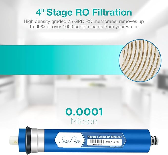 SimPure 5-Stage Reverse Osmosis Replacement Filter Set with 75 GPD RO Membrane, 5pc Pre & Post Replacement Cartridge Pack Kit for Standard 10-icnh 5-Stage Reverse Osmosis RO Systems