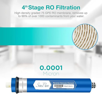 SimPure 5-Stage Reverse Osmosis Replacement Filter Set with 75 GPD RO Membrane, 5pc Pre & Post Replacement Cartridge Pack Kit for Standard 10-icnh 5-Stage Reverse Osmosis RO Systems