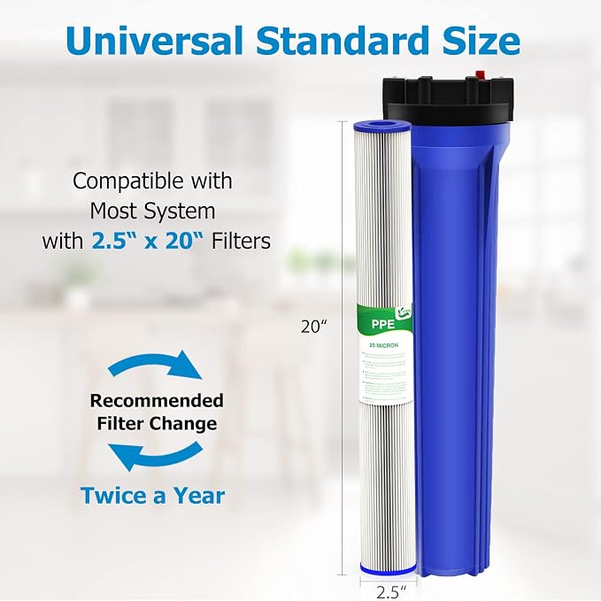 20 Micron 20-Inch Whole House Water Filter Replacement Cartridge, Pleated Sediment Water Filters 2.5" x 20" for Well Water, Compatible with ECP20-20, 255487-43, SPC-25-2020, 6 Pack