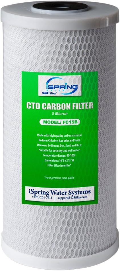 iSpring WGB21BM 2-Stage Whole House Water Filtration System, 10”x4.5” 1" Ports & FC15B High Capacity Activated CTO Carbon Block Filter Replacement Cartridge, 5-Micron 10"x4.5"