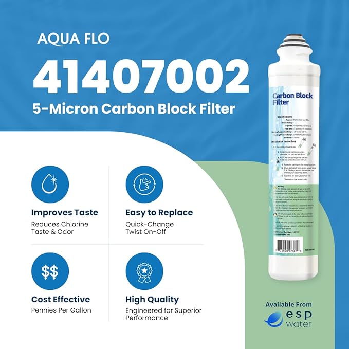 Aqua Flo 41407002 Carbon Block RO Filter, 5 Micron – Replacement for Platinum QCRO 4-Stage System, Quick-Change Cartridge for 2nd & 4th Stage, High-Performance Water Filtration