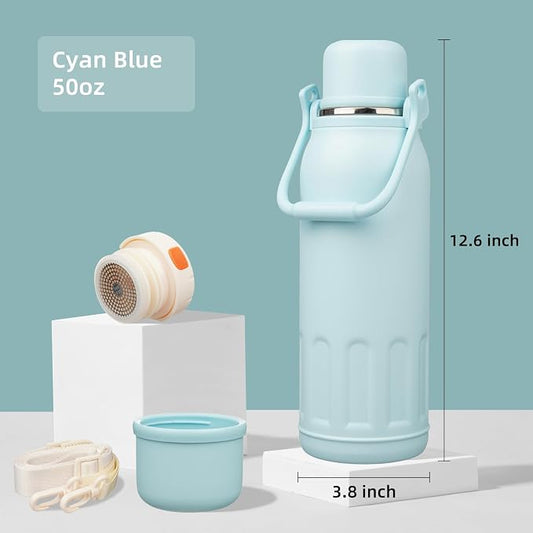 Konokyo Insulated Water Bottle with Handle and Strap,Vacuum Travel Tumbler with Cup Lid,Thermo Coffee Cup for Hot Cold Drinks 50 OZ,Cyan Blue
