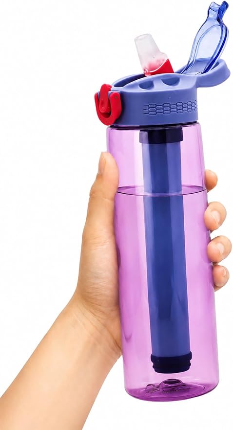 22oz Water Filter Bottle, Portable Outdoor Filtered Water Bottle with Multi-Layer Filtration, Improves Taste & Reduces Odor, BPA-Free Reusable Bottle for Hiking, Camping & Travel (Purple)