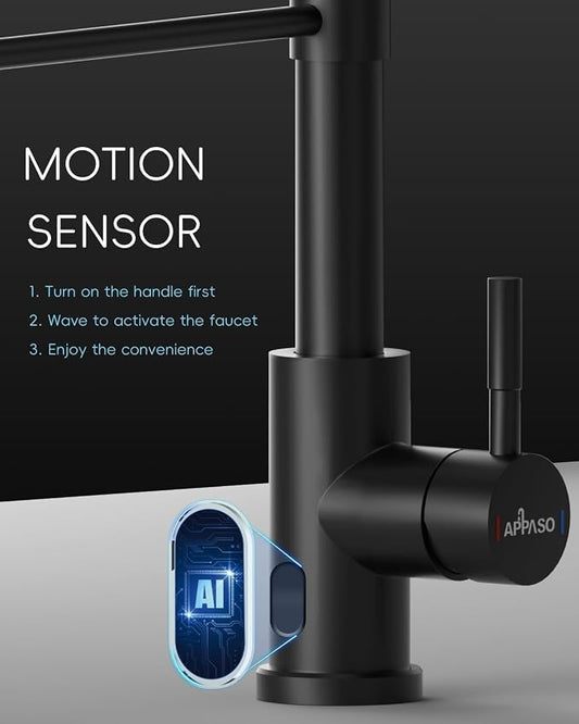 APPASO Black Touchless Kitchen Faucet with Soap Dispenser | Motion Sensor Activated Hands-Free Automatic Faucet for Sink with Pull Down Sprayer, Single Handle Faucets for Kitchen Sink