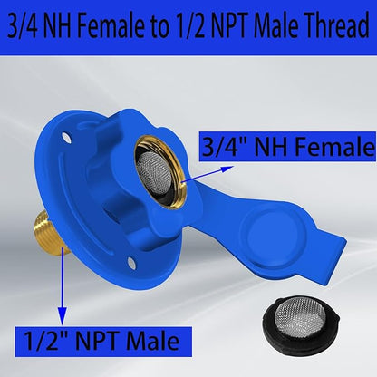 RV City Water Inlet with Check Valve, RV Water Inlet Replacement, 3/4 NH Female to 1/2 NPT Male Flange RV Fresh Water Inlet, RV Water Inlet with Dust Plug for RV Camper Motorhome, Blue