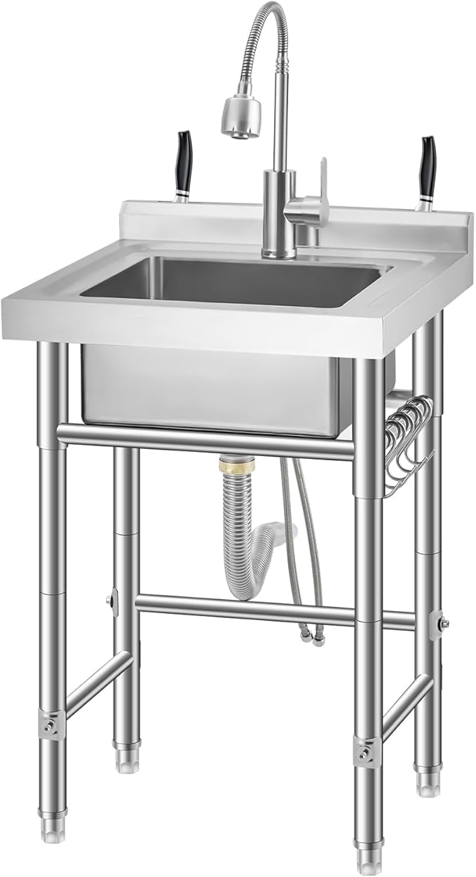 Garvee Stainless Steel Utility Sink with Faucet & Storage Shelf, 304 Single Bowl Freestanding Sink with Adjustable Legs, S-Hooks, Hot & Cold Water Pipes for Kitchen, Laundry, Garage, Farm, Outdoor Use