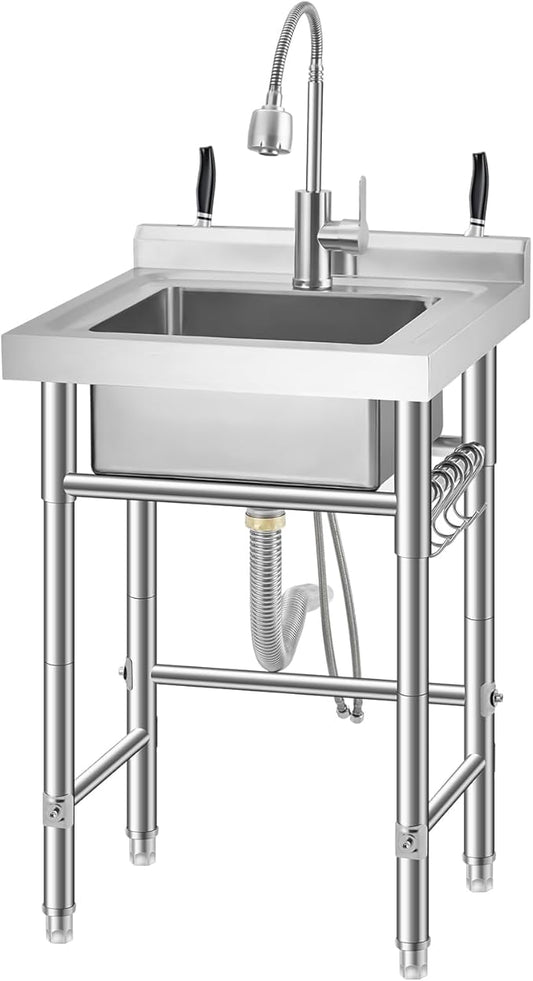 Garvee Stainless Steel Utility Sink with Faucet & Storage Shelf, 304 Single Bowl Freestanding Sink with Adjustable Legs, S-Hooks, Hot & Cold Water Pipes for Kitchen, Laundry, Garage, Farm, Outdoor Use