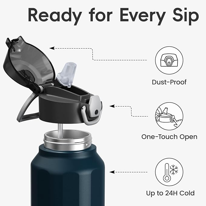 Konokyo FLOWPLAY 26oz Locking Push-Button Water Bottle with Silicone Spout,Leak-Proof,18/8 Stainless Steel Double-Wall Vacuum Insulated for Sports and Travel,BPA-Free,Brilliant Blue