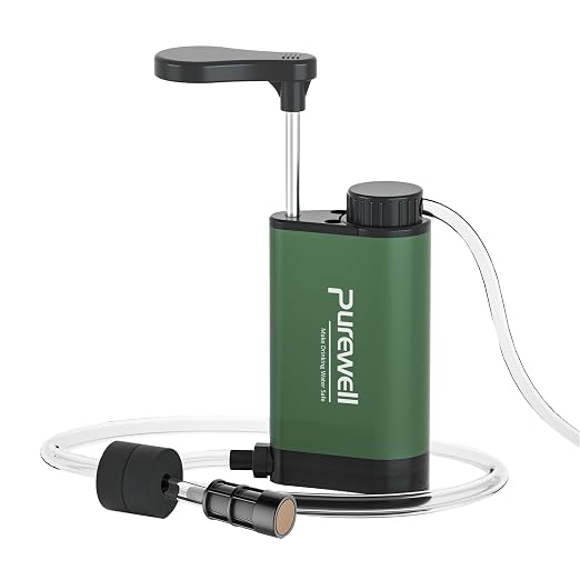 Purewell Stainless Steel Water Filter Pump with Replaceable Carbon 0.01 Micron Water Filter, 3 Filter Stages, Portable Outdoor Emergency and Survival Gear - Camping, Hiking, Backpacking(Green)