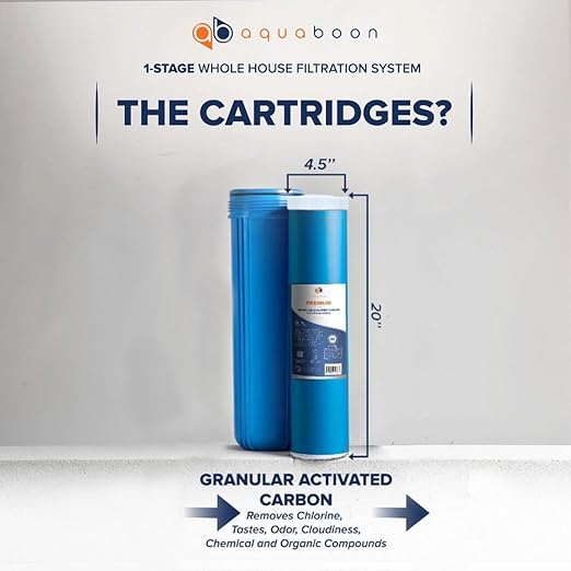 Aquaboon Whole House Water Filter System for Well Water with 5 Micron 20x4.5 Ganular Activated Carbon (GAC) Chlorine Reduction Cartrige | NSF Certified, Pressure Gauges & Releas, Wrench, Bracket 1"NPT