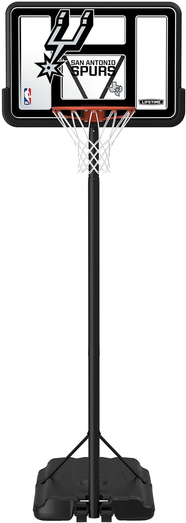 Lifetime NBA San Antonio Spurs Portable Basketball Hoop, Adjustable Height 7.5-10 Ft, 44 Inch Shatterproof Fusion Backboard, Base with Wheels