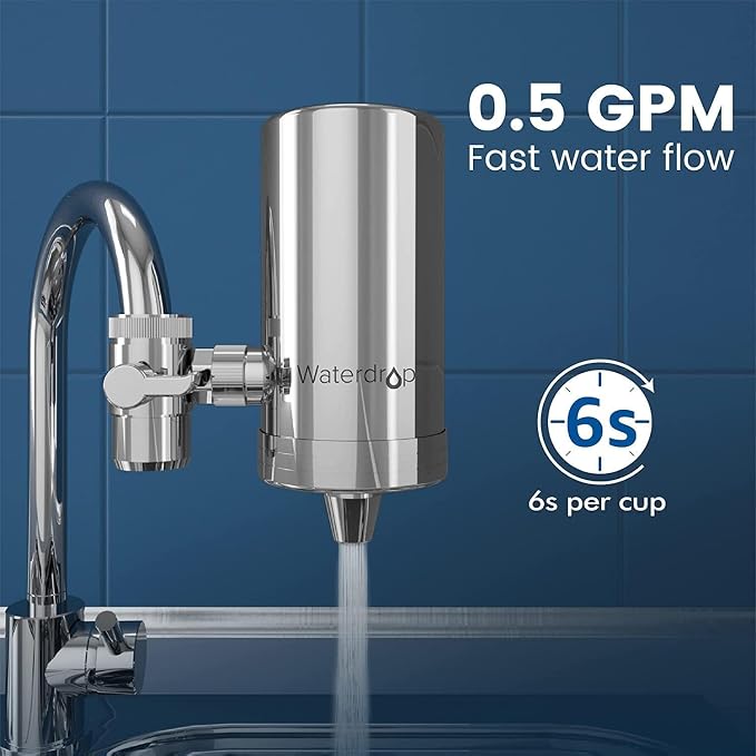 Waterdrop FC-06 Water Filter for Sink Faucet with 4 Filters | Reduce Chlorine, 360° Rotating Stainless Steel, NSF Certified Faucet Water Filter for Kitchen Sink, 1 Year Long Life