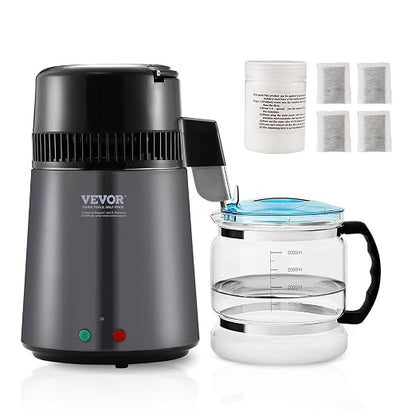 VEVOR Water Distiller, 4L /1.05 Gallon Pure Water Still for Home Countertop, 750W Distilled Water Maker, 304 Stainless Steel Body Distilling Machine with Glass Carafe to Make Clean Water, Gray