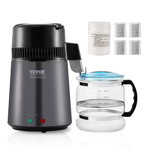 VEVOR Water Distiller, 4L /1.05 Gallon Pure Water Still for Home Countertop, 750W Distilled Water Maker, 304 Stainless Steel Body Distilling Machine with Glass Carafe to Make Clean Water, Gray