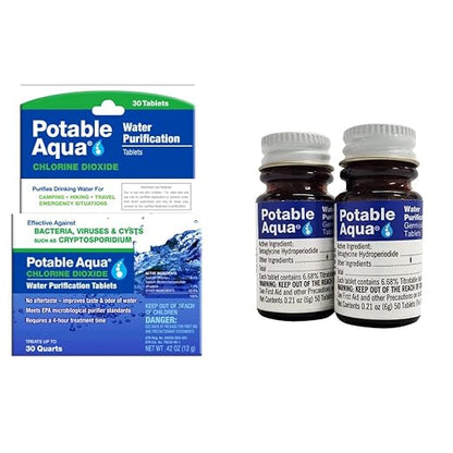 Potable Aqua Chlorine Dioxide Water Purification Tablets - 30 Count & Two 50ct Bottles