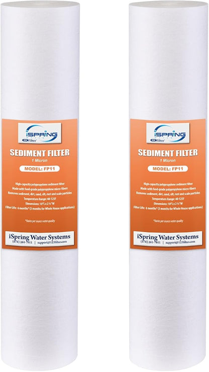 iSpring FP11X2 Sediment Water Filter Cartridges Replacement, 1 Micron 10" x 2.5" Universal Sediment Filter, 15,000-Gallon Multi-Layer Cartridge, 2 Pack