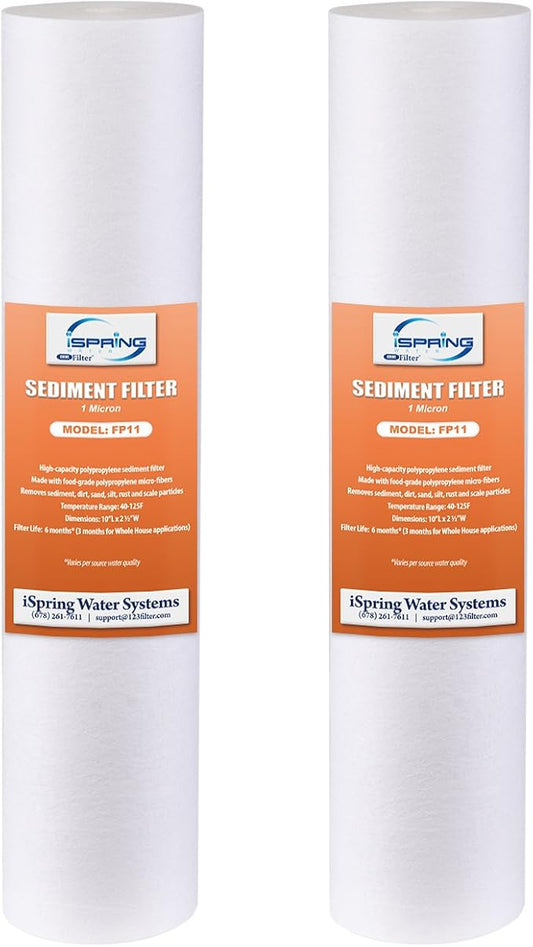 iSpring FP11X2 Sediment Water Filter Cartridges Replacement, 1 Micron 10" x 2.5" Universal Sediment Filter, 15,000-Gallon Multi-Layer Cartridge, 2 Pack