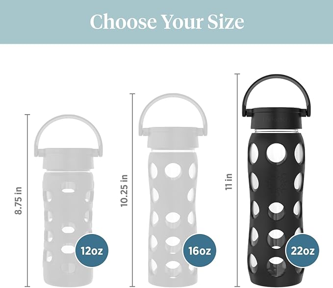 Lifefactory 22-Ounce BPA-Free Glass Water Bottle with Classic Cap and Protective Silicone Sleeve, Onyx