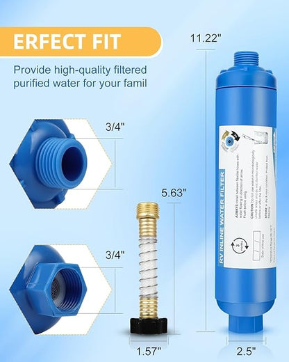 RV Inline Water Filter with 2 Flexible Hose Protector, Reduces Chlorine, Bad Taste, Rust, Corrosion, Sediments, and Turbidity, Ideal for RVs, Garden, Car Washing, Gardening, Planting, 4 Pack