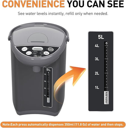 Rosewill Electric Water Boiler and Warmer - 5L/5.3 Qt Stainless Steel Hot Water Dispenser w/Rotating Base, Keep Warm Temperature Set, Auto Shut Off, Safety Lock - Gray