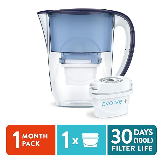 Aqua Optima Oria Water Filter Jug & 1 x 30 Day Evolve+ Filter Cartridge, 2.8 Litre Capacity, for Reduction of Microplastics, Chlorine, Limescale and Impurities, Blue