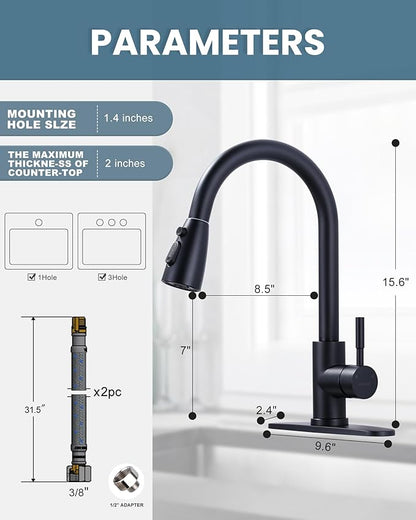 WOWOW Touchless Kitchen Faucet with Sprayer, Smart Motion Sensor Matte Black Kitchen Sink Faucet, Stainless Steel Kitchen Faucet for Sink 1 or 3 Hole Single Handle Kitchen Tap