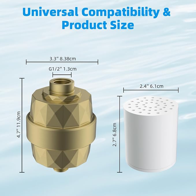 Hibbent Shower Filter for Hard Water, High Output Shower Head Filter to Remove Chlorine and Fluoride, 20 Stage Showerhead Filter with Vitamin C, Reduces Dry Itchy Skin, and Eczema, Brass Gold