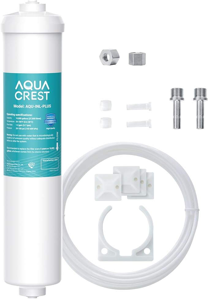 AQUA CREST INL-PLUS 5 Years Inline Water Filter for Ice Maker | High Capacity, 1/4-Inch Direct Connect Fittings, Easy Installation, Reduces Chlorine, Sediment, Bad Taste & Odor