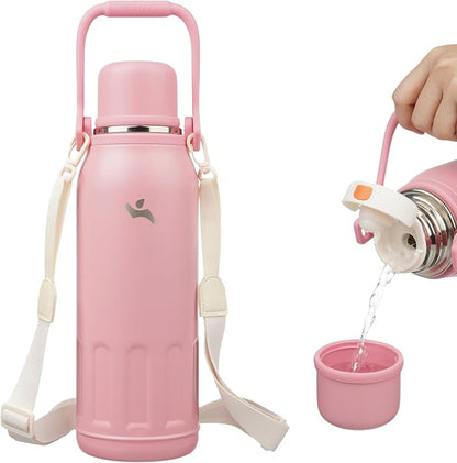 Konokyo Insulated Water Bottle with Handle and Strap,Vacuum Travel Tumbler with Cup Lid,Thermo Coffee Cup for Hot Cold Drinks 50 OZ,Pink