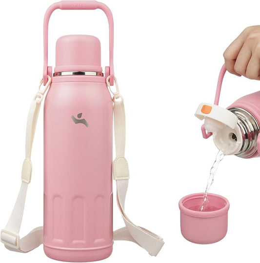 Konokyo Insulated Water Bottle with Handle and Strap,Vacuum Travel Tumbler with Cup Lid,Thermo Coffee Cup for Hot Cold Drinks 50 OZ,Pink