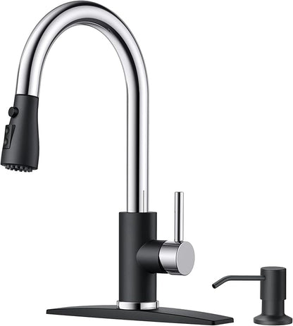 FORIOUS Kitchen Faucets with Soap Dispenser and Pull Down Sprayer, Bar High Arc Single Handle Classic 3 Modes Stainless Steel Faucet for Kitchen Sink Farmhouse RV Laundry Camper, Black Chrome