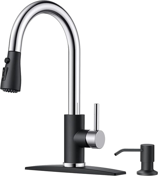 FORIOUS Kitchen Faucets with Soap Dispenser and Pull Down Sprayer, Bar High Arc Single Handle Classic 3 Modes Stainless Steel Faucet for Kitchen Sink Farmhouse RV Laundry Camper, Black Chrome