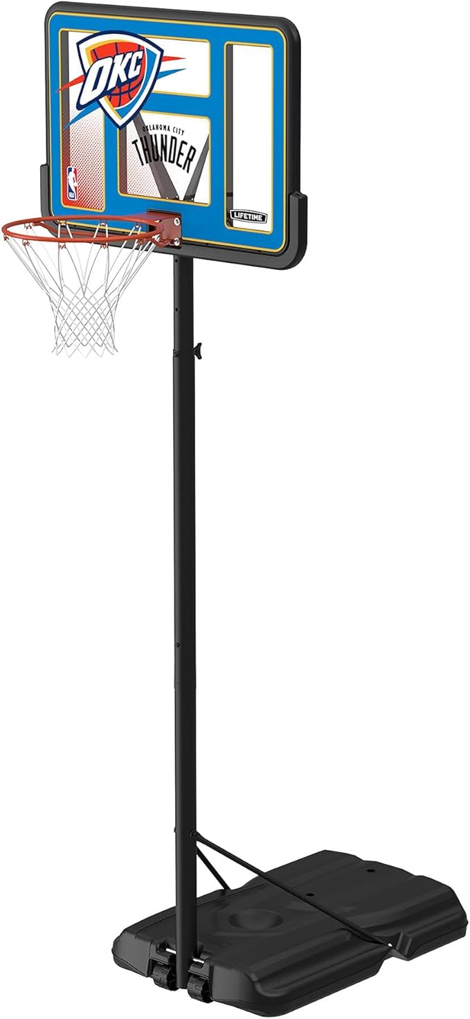 Lifetime NBA Oklahoma City Thunder Portable Basketball Hoop, Adjustable Height 7.5-10 Ft, 44 Inch Shatterproof Fusion Backboard, Base with Wheels