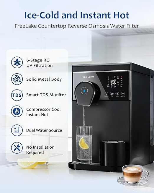 Countertop Reverse Osmosis Water Filter with Instant Hot and Ice-Cold Water, 6-Stage RO with UV, Smart TDS Monitor, Tank or Direct Connect, 3:1 Low Waste, for Home and Office
