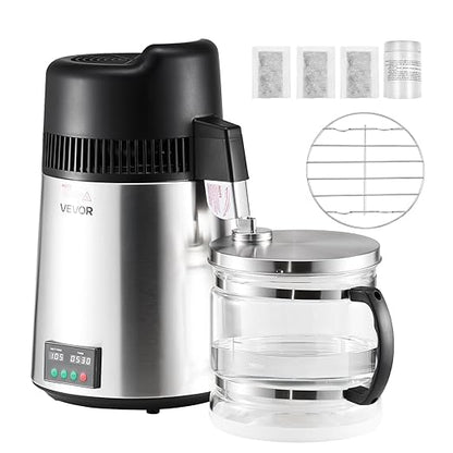 VEVOR Water Distiller, 6L/1.6 Gallon Larger Water Distilled Machine, 900W Distilling Water Maker with Glass Carafe, 0-99H Timing Set, Time & Temp Display, 304 Stainless Steel Water Stiller, Silver