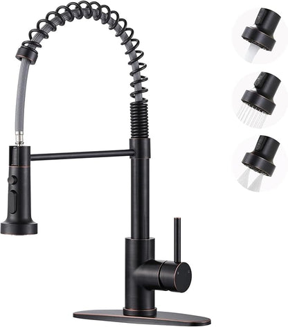 Kitchen Faucet with Pull Down Sprayer: Oil Rubbed Bronze 3-Function Kitchen Sink Faucets for 1 or 3 Hole - Stainless Steel Single Handle Spring Kitchen Faucets with Deck Plate for Farmhouse RV Laundry