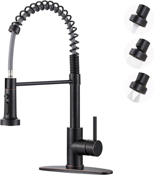 Kitchen Faucet with Pull Down Sprayer: Oil Rubbed Bronze 3-Function Kitchen Sink Faucets for 1 or 3 Hole - Stainless Steel Single Handle Spring Kitchen Faucets with Deck Plate for Farmhouse RV Laundry