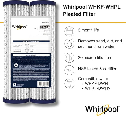 Whirlpool 10" x 2.5" Whole House Sediment Water Filters, WHKF-WHPL Pleated Filter, 20 Micron, NSF Certified Reduces Sand, Soil, Silt & Rust for Standard Filter Housings, 2-Pack