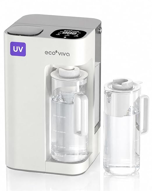 Ecoviva Mate 3 UV Countertop Reverse Osmosis Water Filter with 2 Auto-Fill Pitchers, 9-Stage RO Filtration System, Installation-Free, Reduces TDS, 3:1 Pure-to-Drain Ratio, Home & Kitchen, White