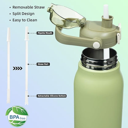 BJPKPK Insulated Water Bottles with Straw, 35 oz Stainless Steel Metal Water Bottle with One-handed Opening Lid, BPA Free Sport Jugs, Flasks for Men & Women, Light Green