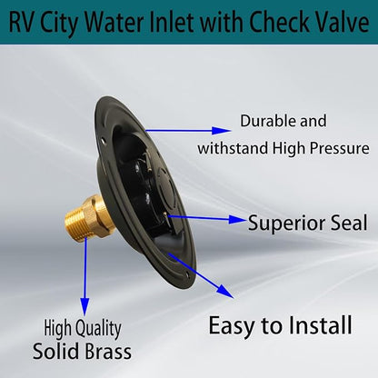 RV City Water Inlet with Check Valve, 3/4 NH Female to 1/2 NPT Male Black Flange RV Fresh Water Inlet, RV Water Inlet Replacement, RV Water Inlet with Dust Plug for RV Camper Motorhome, Black