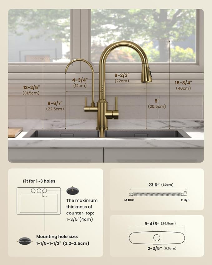 APPASO Kitchen Faucet with Water Filter (Without Water Filtration Device), 2 Handle 3 Way Gold Kitchen Sink Faucet, High Arch 3 Hole Kitchen Faucet with Pull Down Sprayer - 3 in 1 Faucet