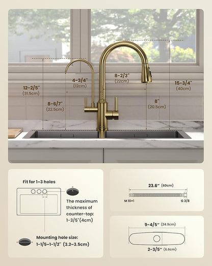 APPASO Kitchen Faucet with Water Filter (Without Water Filtration Device), 2 Handle 3 Way Gold Kitchen Sink Faucet, High Arch 3 Hole Kitchen Faucet with Pull Down Sprayer - 3 in 1 Faucet