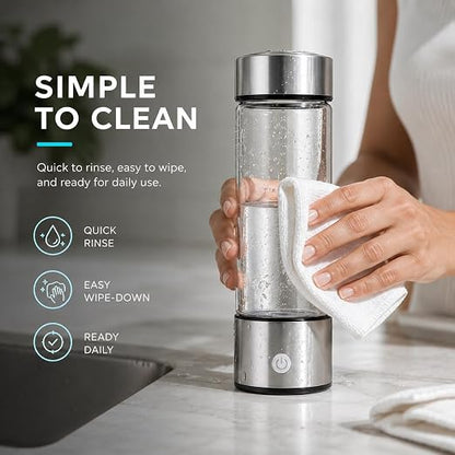 ElysVita Hydrogen Water Bottle — SPE Electrolysis Technology, BPA-Free Borosilicate Glass, 14 oz | Antioxidant Rich, Micro-Plastic Free Hydrogen Generator Bottle with USB Charging