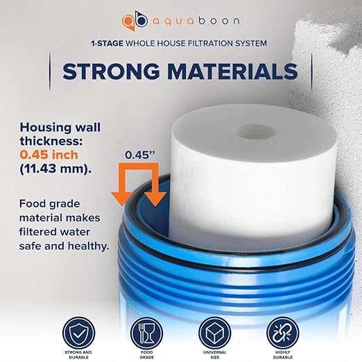 Aquaboon Whole House Water Filter System for Well Water with 5 Micron 20x4.5 KDF Heavy Metals Purification Cartrige | NSF Certified, Pressure Gauges & Releas, Wrench, Bracket 1" NPT