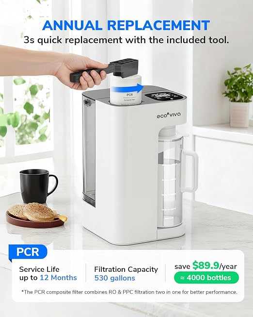 Ecoviva Mate 3 UV Countertop Reverse Osmosis Water Filter with 2 Auto-Fill Pitchers, 9-Stage RO Filtration System, Installation-Free, Reduces TDS, 3:1 Pure-to-Drain Ratio, Home & Kitchen, White