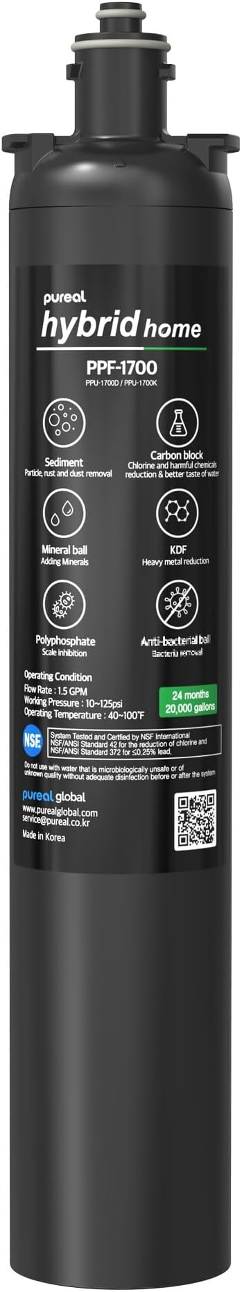 Pureal PPF-1700 Under Sink Water Filter Replacement Cartridge, 17 Inch | NSF/ANSI 42 & 372 Certified. Reduces PFAS, Lead, Chlorine & Odor. 20,000-Gallon Capacity. Long-Lasting Filter. Made in Korea.